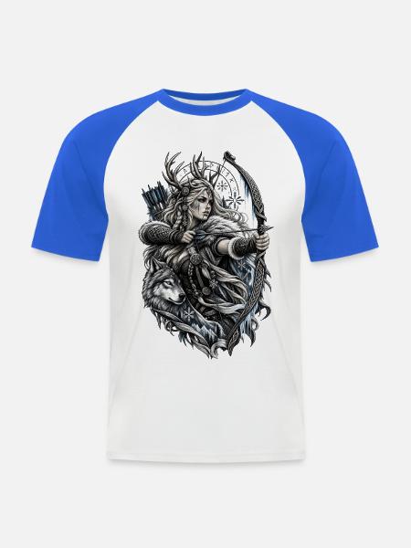 Wikinger Bogenschützin mit Wolf – Noventra - Männer Baseball-T-Shirt - Weiß/Royalblau