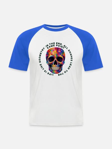 Bunter Patchwork Schädel - Männer Baseball-T-Shirt - Weiß/Royalblau