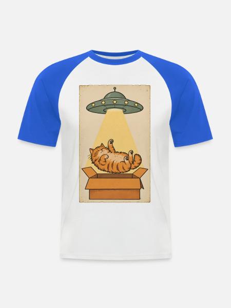 Schlafende Katze im UFO Strahl - Männer Baseball-T-Shirt - Weiß/Royalblau