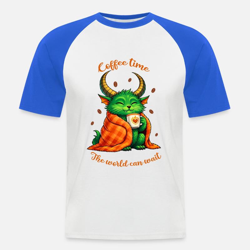 Kaffeezeit – Ein kleines Kaffeemonster - Männer Baseball-T-Shirt - Weiß/Royalblau