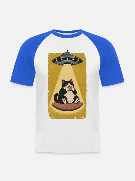 Katzenpause im UFO Strahl - Männer Baseball-T-Shirt - Weiß/Royalblau