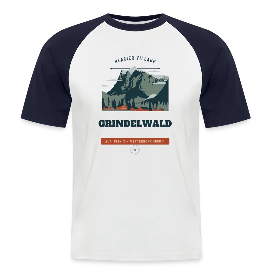 Grindelwald badge on a men's baseball t-shirt, white/navy, front