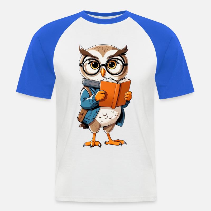 Lernende Eule mit Brille liest Buch - Männer Baseball-T-Shirt - Weiß/Royalblau