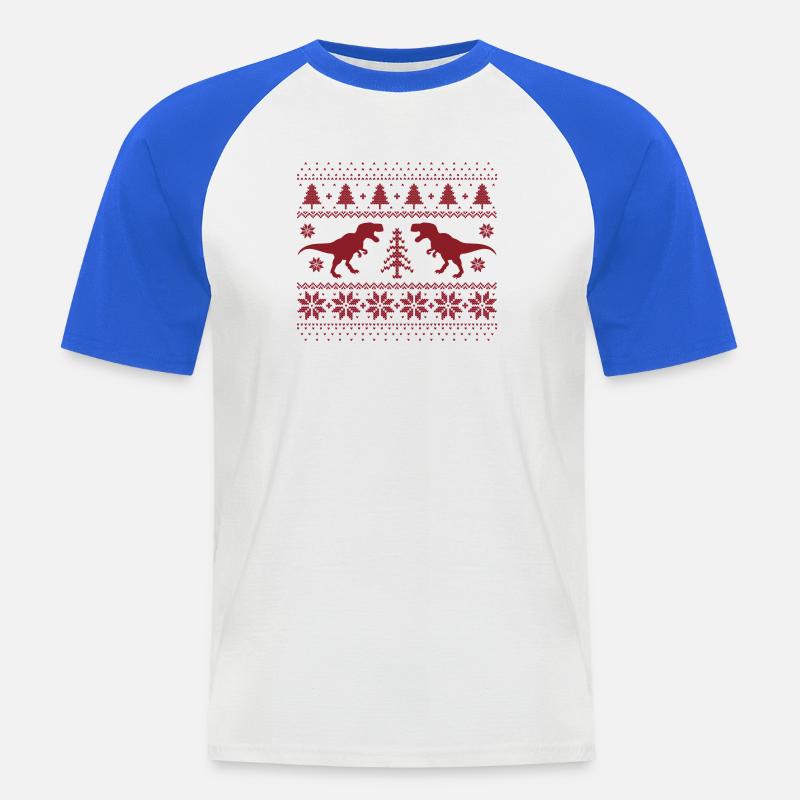 Pull de Noël en forme de dinosaure - T-shirt baseball manches courtes Homme - blanc/bleu royal
