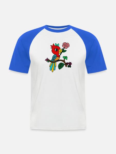 bunter Papagei auf Blütenzweig - Männer Baseball-T-Shirt - Weiß/Royalblau