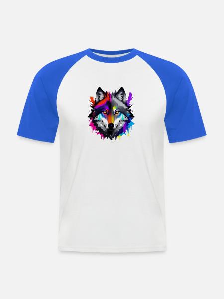 Bunter Wolfkopf Farbwelten - Männer Baseball-T-Shirt - Weiß/Royalblau