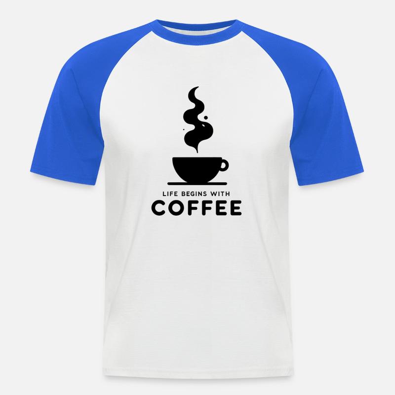 Kaffeebeginn: Leben beginnt - Männer Baseball-T-Shirt - Weiß/Royalblau