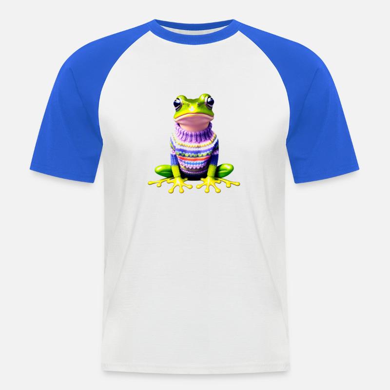 Kleiner Regenbogenfrosch mit Norweger-Pullover - Männer Baseball-T-Shirt - Weiß/Royalblau