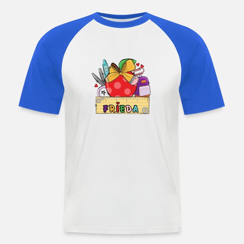 Personalisierte Schultasche mit Name Frieda - Männer Baseball-T-Shirt - Weiß/Royalblau