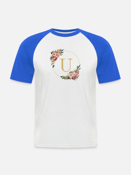 U Monogramm, Blumen-Kranz, personalisierbar - Männer Baseball-T-Shirt - Weiß/Royalblau