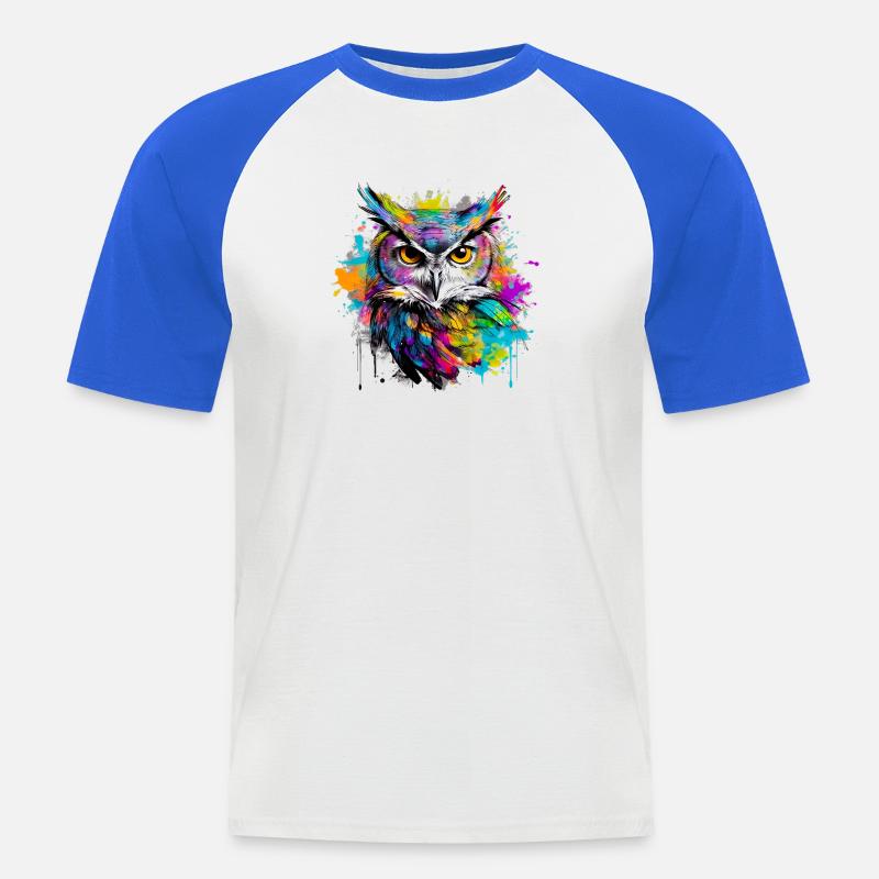 Unsere Eule mit bunten Farbklecksen - Männer Baseball-T-Shirt - Weiß/Royalblau