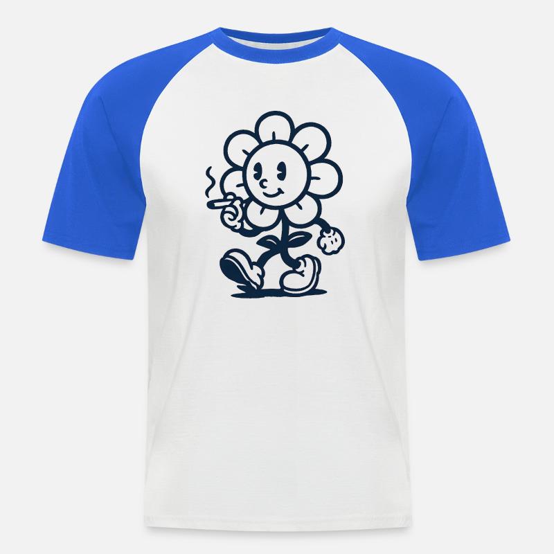 Retro Blumen Maskottchen mit Zigarette Zeichnung - Männer Baseball-T-Shirt - Weiß/Royalblau