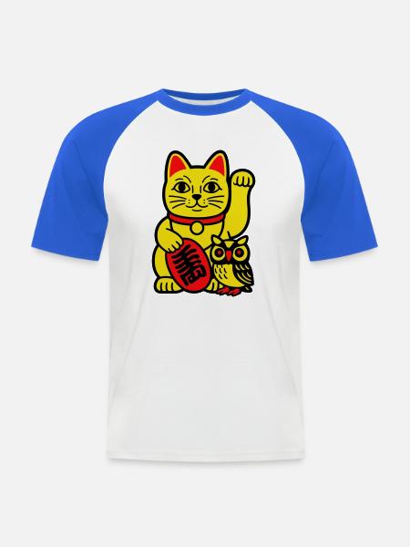 Lucky cat with little owl - Men's Baseball T-Shirt - white/royal blue