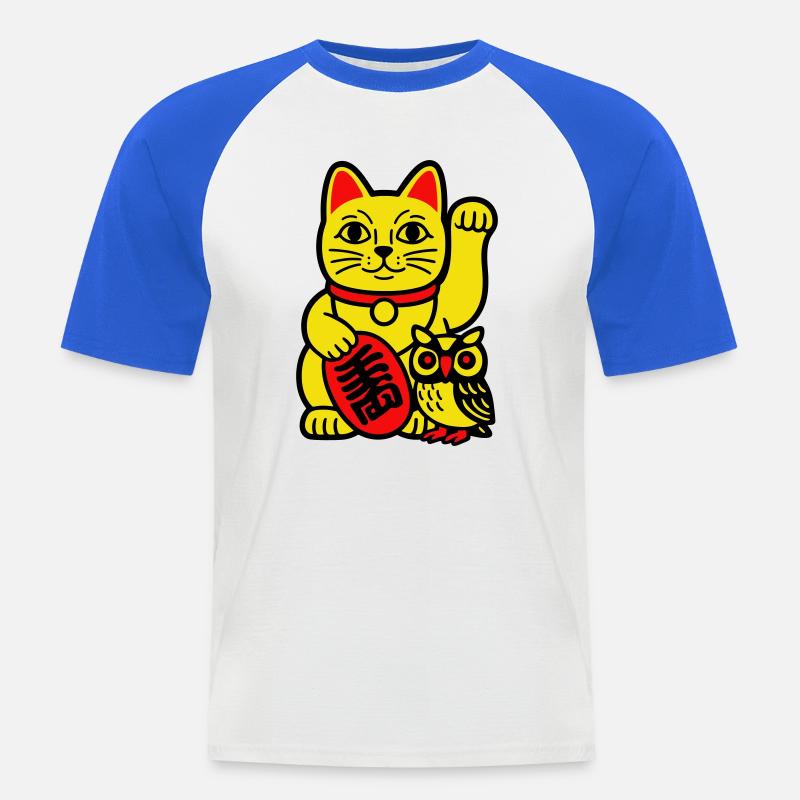 Glückskatze mit kleiner Eule - Männer Baseball-T-Shirt - Weiß/Royalblau