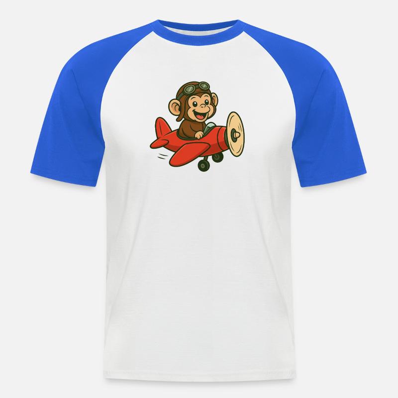 Lachender Affe im Flugzeug mit Pilotbrille - Männer Baseball-T-Shirt - Weiß/Royalblau