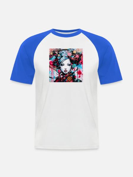 Buntes urbanes Frauenporträt - Männer Baseball-T-Shirt - Weiß/Royalblau