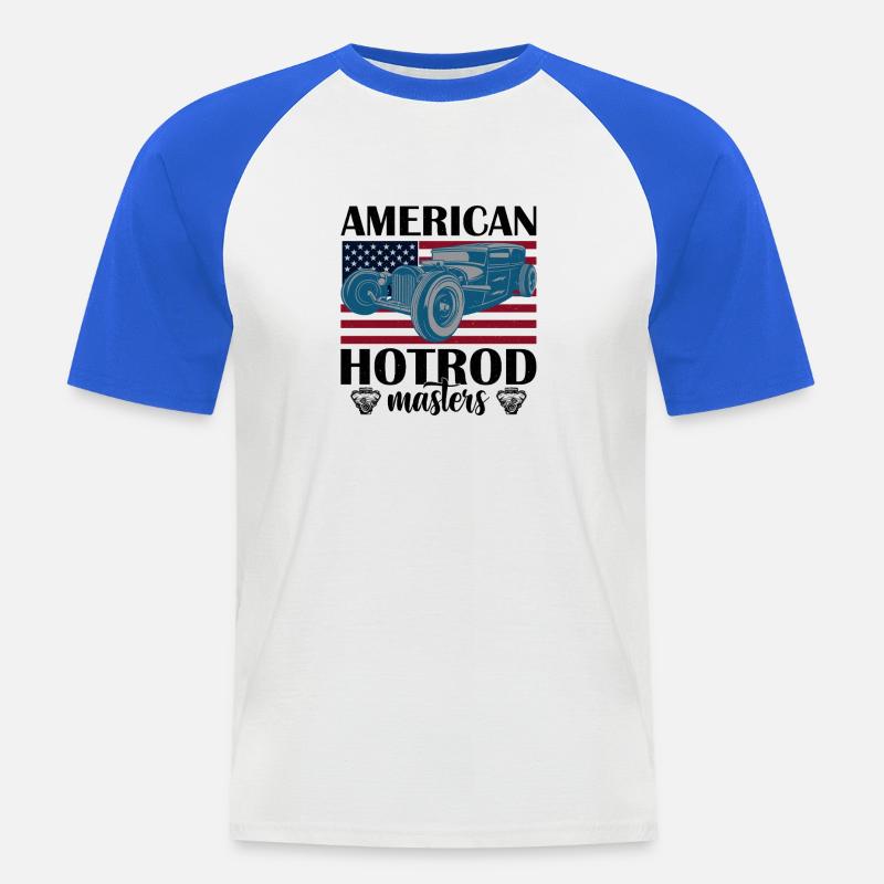 Amerikanisches Oldtimer mit Flaggenhintergrund - Männer Baseball-T-Shirt - Weiß/Royalblau