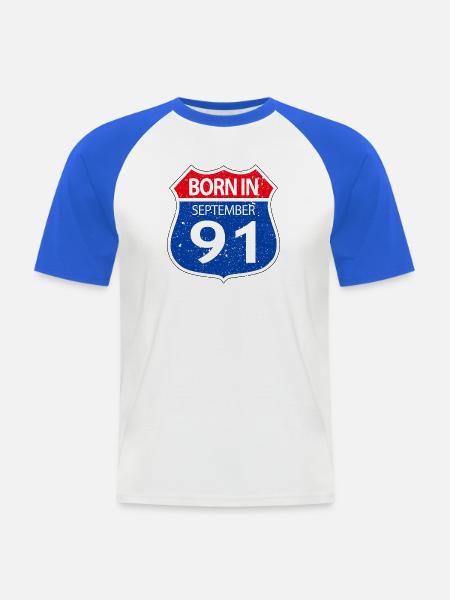 Né_en_septembre_91 - T-shirt baseball manches courtes Homme - blanc/bleu royal