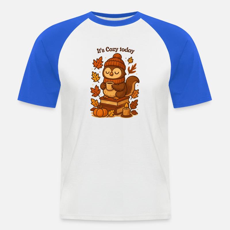Gemütliche Herbst-Eule mit Tee Mütze  - Männer Baseball-T-Shirt - Weiß/Royalblau