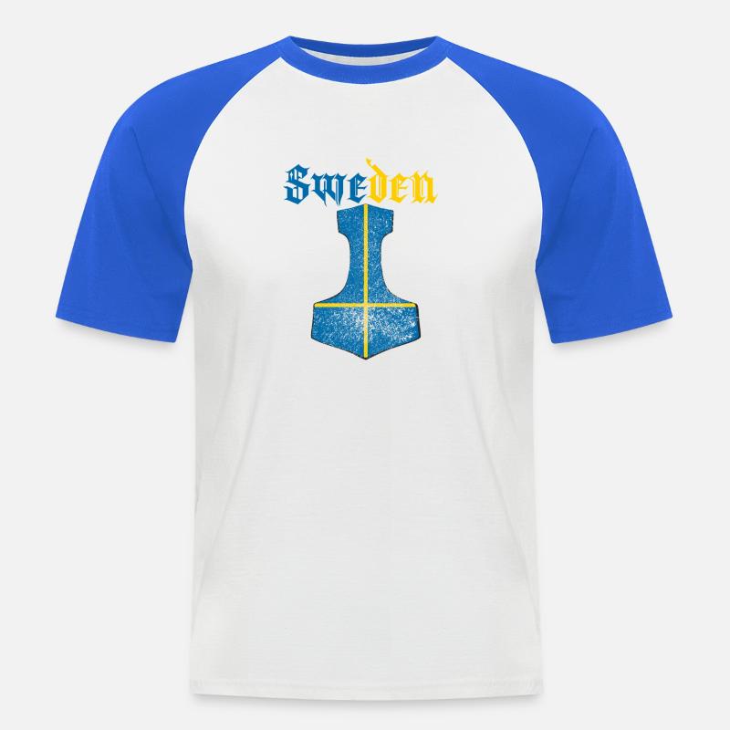 Schweden Flagge – Mjölnir Thorhammer Design - Männer Baseball-T-Shirt - Weiß/Royalblau