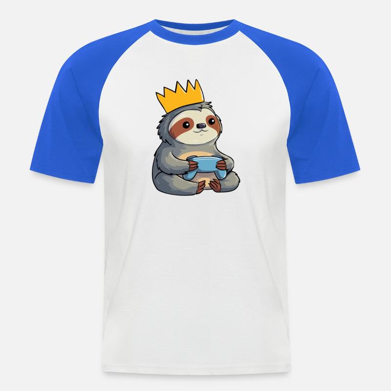 Faultier mit Krone und controller - Männer Baseball-T-Shirt - Weiß/Royalblau
