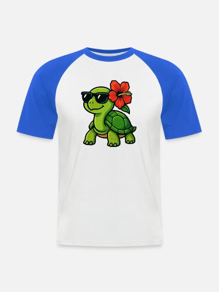 Sun turtle with hibiscus - Men's Baseball T-Shirt - white/royal blue