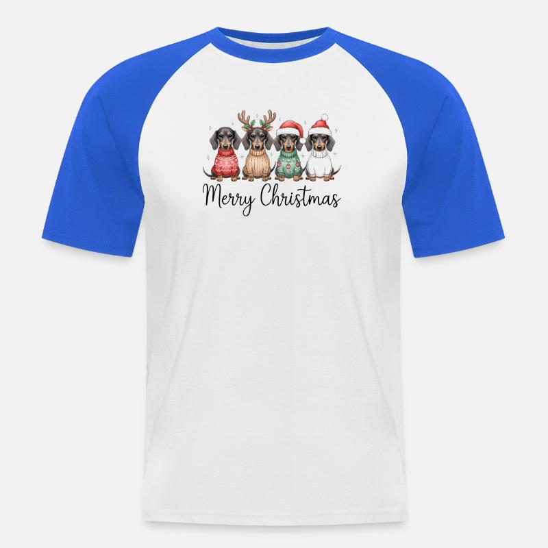 Vier Dackel, Dachshunde in Weihnachtspullover - Männer Baseball-T-Shirt - Weiß/Royalblau