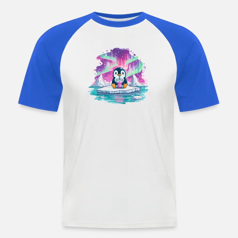 Pinguin auf Eis mit pinkem Drink - Männer Baseball-T-Shirt - Weiß/Royalblau