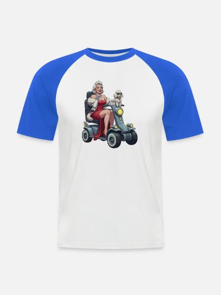 Pinup-Diva auf Mobilitätsroller und Hund - Männer Baseball-T-Shirt - Weiß/Royalblau