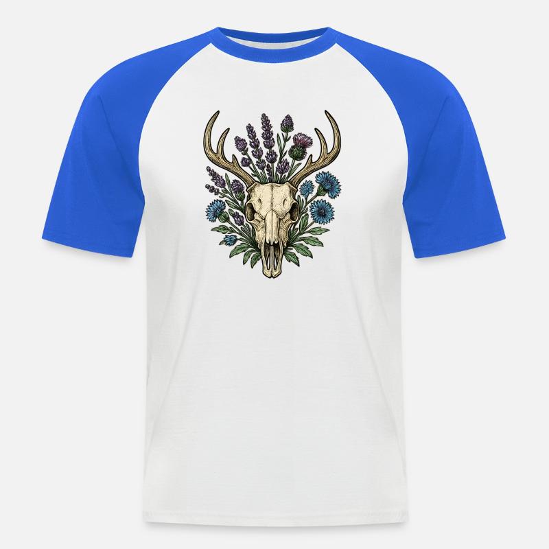 Hirschknochen mit Blumenkranz - Männer Baseball-T-Shirt - Weiß/Royalblau
