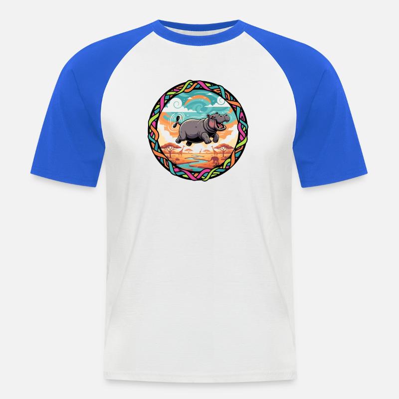 Witziger Hippo fliegendes Nilpferd bunt Savanne  - Männer Baseball-T-Shirt - Weiß/Royalblau