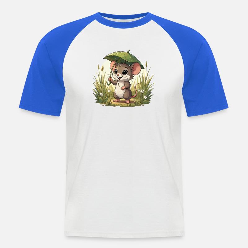 Kleines Mäuschen mit Schirm im Gras - Männer Baseball-T-Shirt - Weiß/Royalblau
