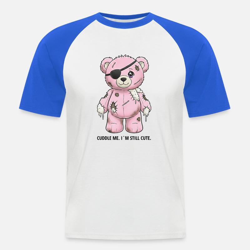 Patchwork Pinker Teddybär mit Augenklappe - Männer Baseball-T-Shirt - Weiß/Royalblau