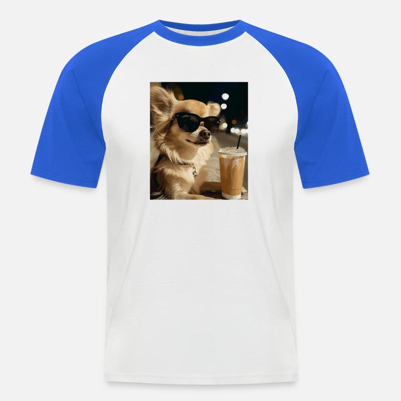 Sonnenbrillen-Hund mit Eiskaffee - Männer Baseball-T-Shirt - Weiß/Royalblau