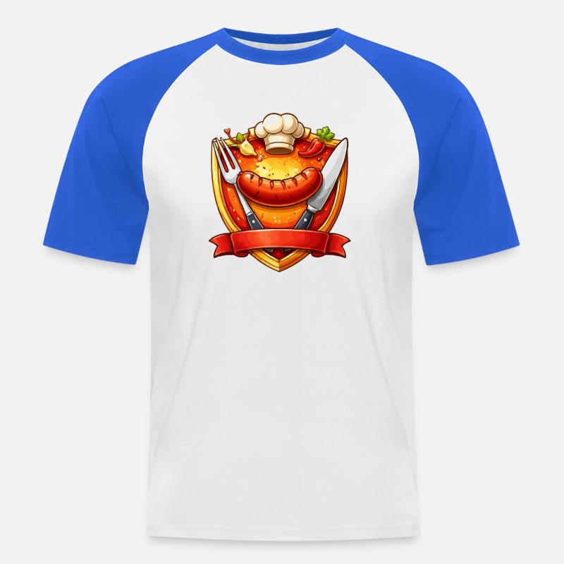 Gegrillte Wurst auf rotem Teller Schild - Männer Baseball-T-Shirt - Weiß/Royalblau
