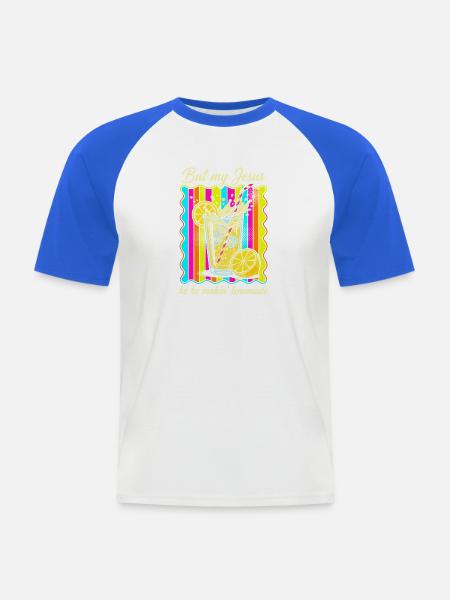 Jesus macht Limonade – Bunter Retro-Print - Männer Baseball-T-Shirt - Weiß/Royalblau