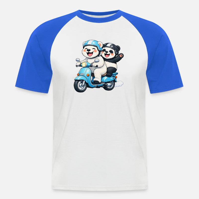 Orso Polare e Panda su uno scooter - Maglia da baseball a manica corta da uomo - bianco/blu royal