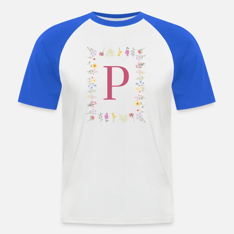 Florale Initialen "P", Buchstaben Monogramm - Männer Baseball-T-Shirt - Weiß/Royalblau