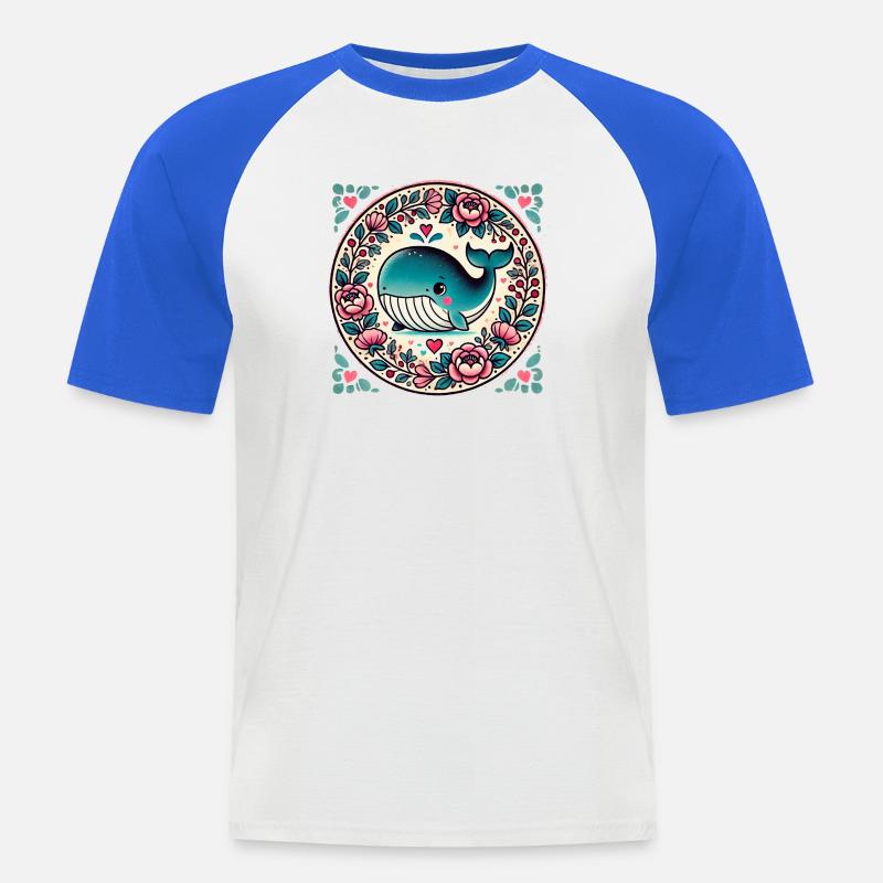 Wal im Floral Circle - Männer Baseball-T-Shirt - Weiß/Royalblau