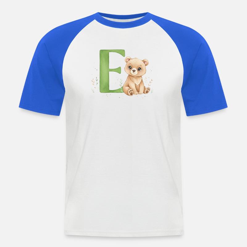 E mit Teddy: Verspielter Buchstabe E - Männer Baseball-T-Shirt - Weiß/Royalblau