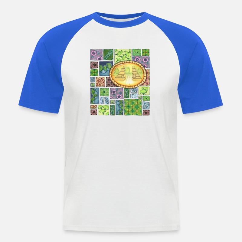 Bali temple on pattern patchwork - Männer Baseball-T-Shirt - Weiß/Royalblau