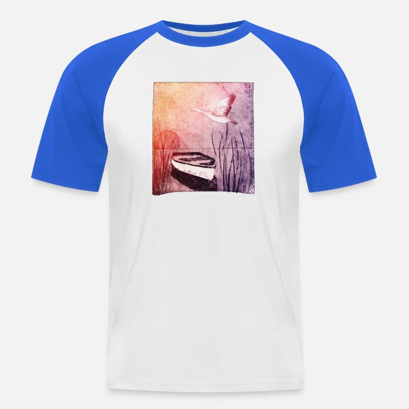 Boot am See - handgeschnitzte Druckvorlage - Männer Baseball-T-Shirt - Weiß/Royalblau