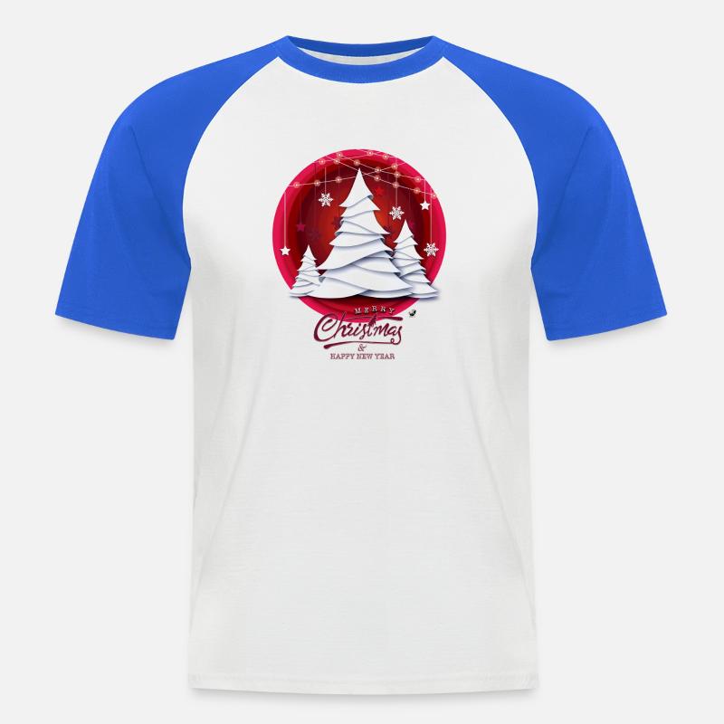 Rotes Weihnachtskugel mit weissen Tannenbäume - Männer Baseball-T-Shirt - Weiß/Royalblau