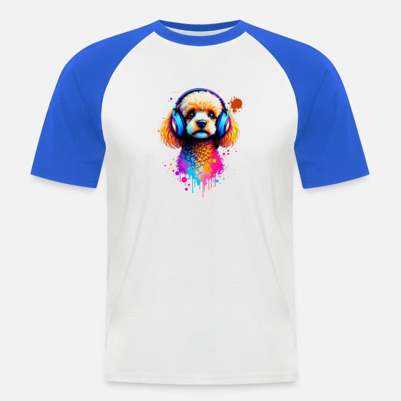 Pudel Hund mit Kopfhörern - Männer Baseball-T-Shirt - Weiß/Royalblau