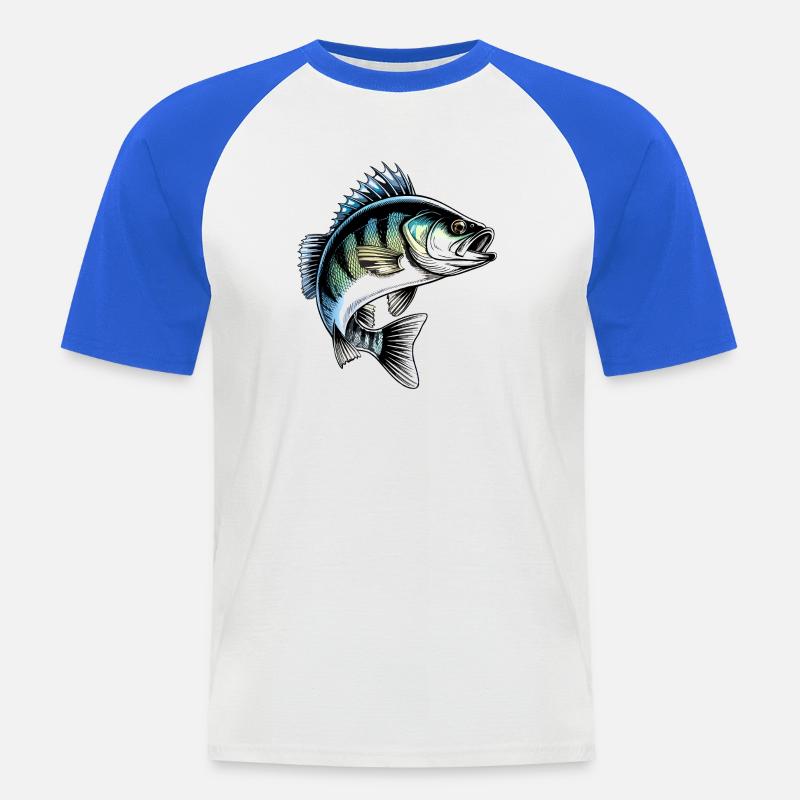 Jumping Perch Dynamic Fish Illustration - Men's Baseball T-Shirt - white/royal blue