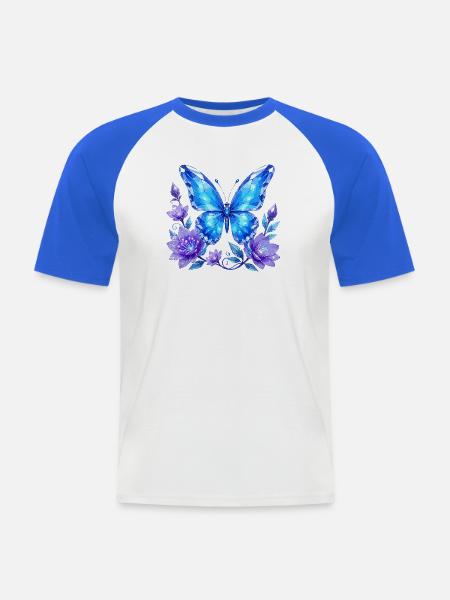 Blue Crystal Butterfly with Flowers - Men's Baseball T-Shirt - white/royal blue