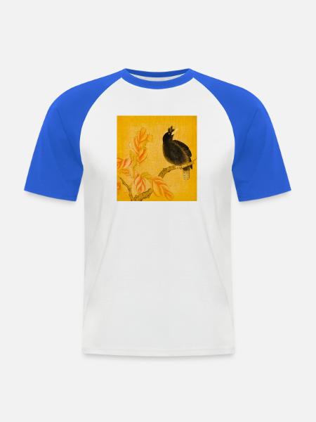 Schwarzer Singvogel auf gelben Blüten - Männer Baseball-T-Shirt - Weiß/Royalblau