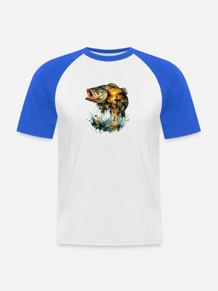 Riesiges Aquarell Sonnenuntergangsangeln - Männer Baseball-T-Shirt - Weiß/Royalblau
