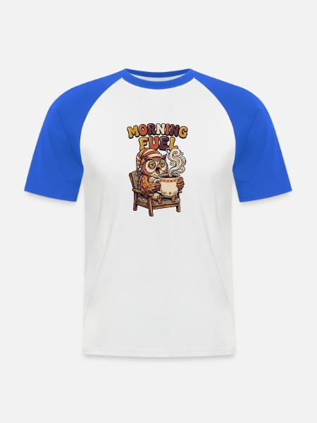 Müde Eule mit Kaffee - Männer Baseball-T-Shirt - Weiß/Royalblau