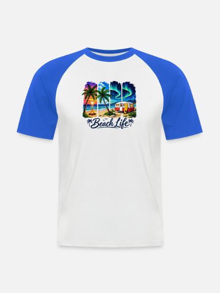 Strandleben: Sonnenuntergang & Camper - Männer Baseball-T-Shirt - Weiß/Royalblau